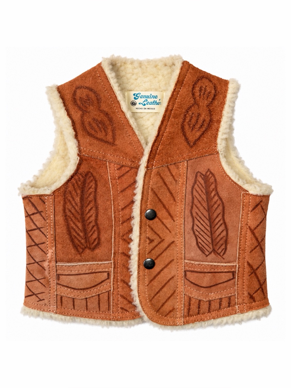Vintage 1970s Mexican Genuine Leather Shearling Child’s Western Vest